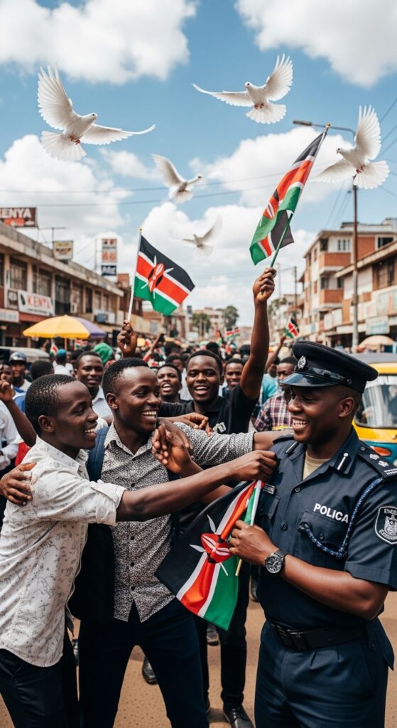 Kenyan Youth In The streets With Kenyan Flags and White Doves Flying around and two or Three Youths Hanging Kenyan Police