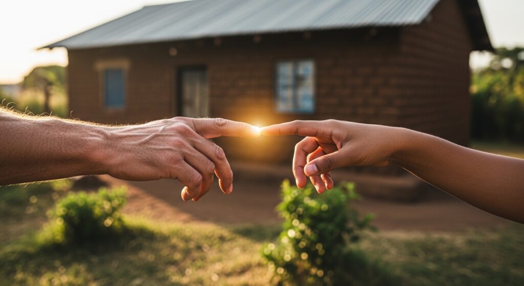 Two hands reaching toward each other in front of a humble Kenyan home, one hand strong and weathered, the other soft and nurturing, with a faint golden light around them, symbolizing reconciliation and unbroken love.