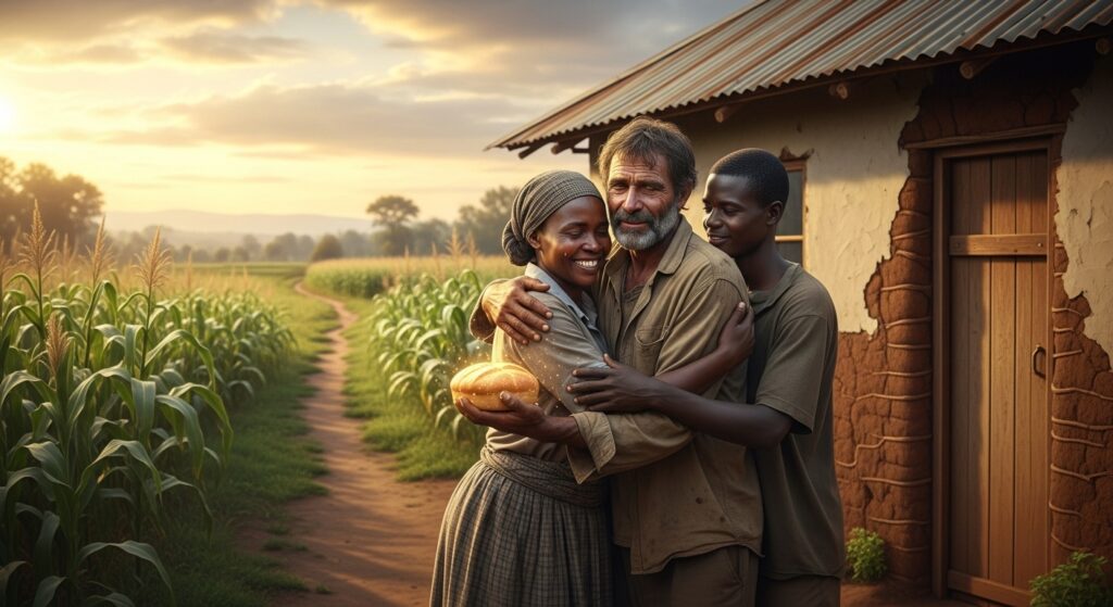 A heartwarming scene of a humble rural Kenyan setting at sunset. A weary man with a rugged face, dressed in simple worn clothes, is embracing his wife and a grown son outside a small mud-and-tin-roofed farmhouse. The wife is smiling with tears of joy, holding him tightly, while the son stands beside them, also embracing his father. In the man’s hand, there is a loaf of bread glowing faintly with golden light, symbolizing hidden blessings. The background shows a small farm with maize and a dirt path leading to the horizon, symbolizing the long journey home. The mood is emotional, warm, and hopeful, with soft golden lighting capturing the sense of reunion, sacrifice, and destiny.