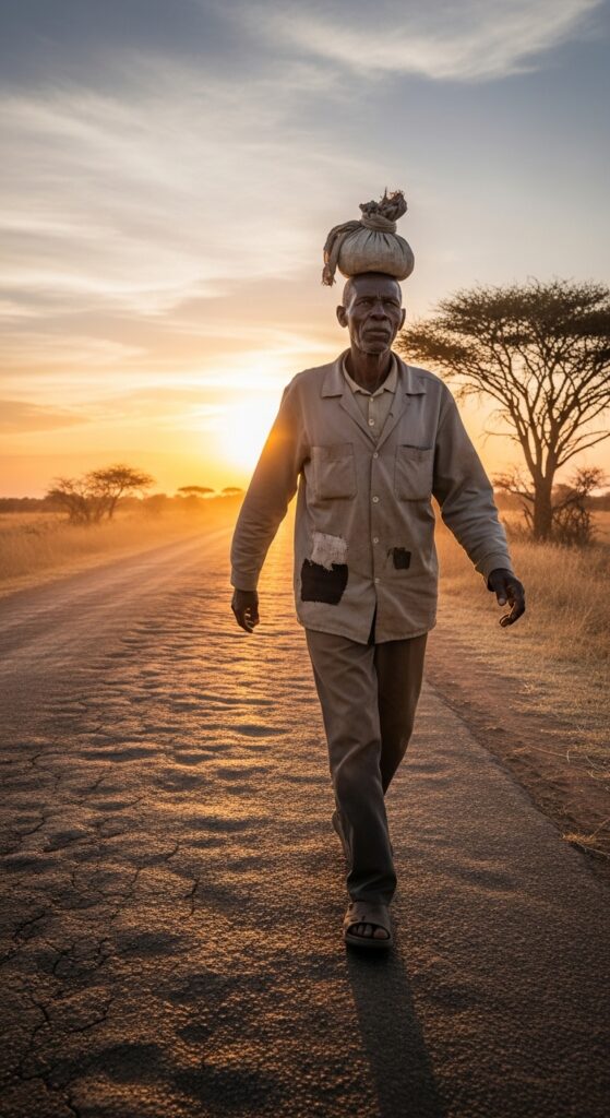 A lonely man in worn clothes walking along a dusty rural road at sunset, carrying a small bundle, with the horizon glowing warmly, symbolizing sacrifice, patience, and perseverance.
