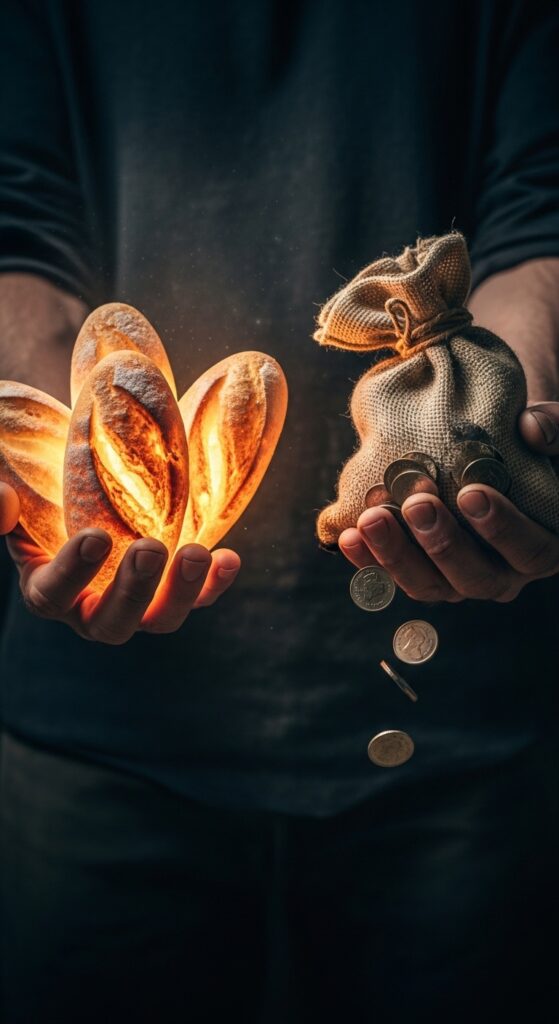 A pair of rough, weathered hands holding three glowing loaves of bread on one side and a sack of coins on the other, with the bread shining brighter, symbolizing wisdom, patience, and true reward.