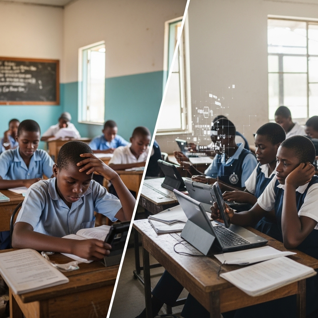 A split image. On one side, a traditional classroom in Sub-Saharan Africa with students looking disengaged, perhaps struggling with textbooks. On the other side, the same classroom transformed, with students actively using tablets or simple laptops, collaborating, and looking engaged. A subtle digital overlay could represent data or learning pathways. The transition from the left (challenges) to the right (potential solutions) should be clear and hopeful.