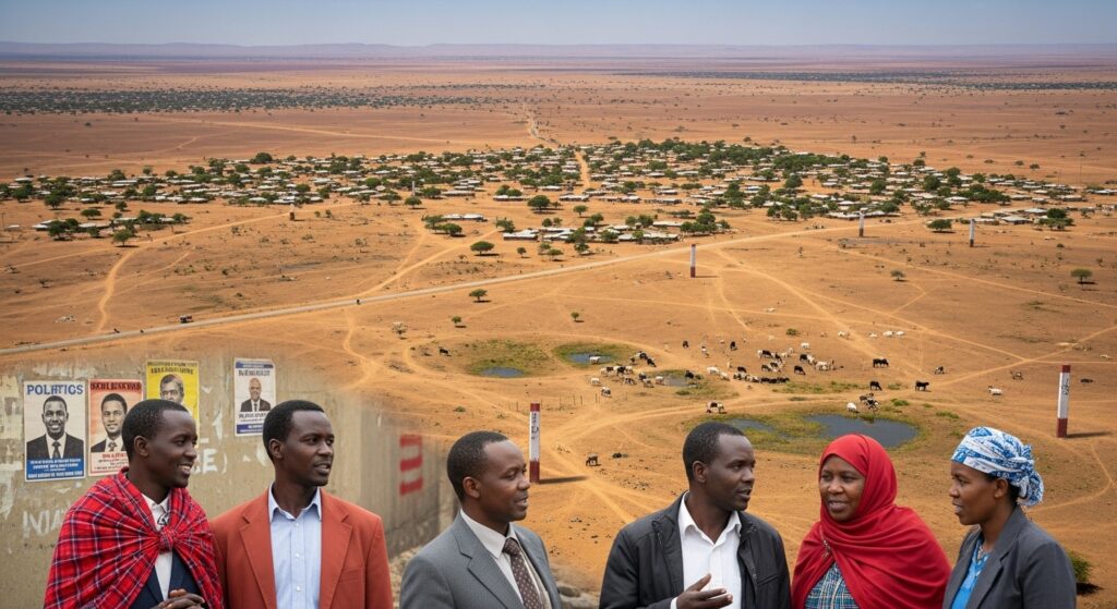 A symbolic aerial view of Mandera County’s dry borderland landscape where Kenya meets Ethiopia and Somalia, showing vast semi-arid terrain, scattered settlements, and winding roads. In the foreground, a group of diverse community members (men and women) are seen in dialogue, symbolizing peacebuilding and unity. Subtle elements such as election posters on a wall, livestock grazing near a scarce water source, and faintly marked boundary posts represent the key conflict drivers: politics, resources, ethnic identity, and borders. The overall tone should balance the challenges of conflict with hope for peace and cooperation.