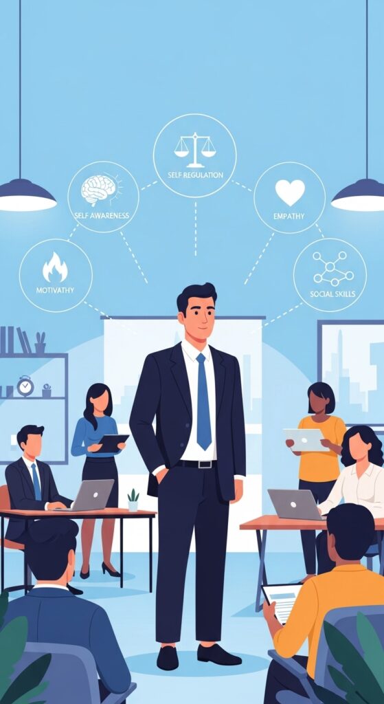 A professional, modern illustration of a leader standing at the center of a diverse team in a collaborative workspace. The leader is depicted with a calm, confident expression, surrounded by subtle symbolic icons representing the five components of emotional intelligence: a brain (self-awareness), a balance scale (self-regulation), a flame (motivation), a heart (empathy), and connected dots (social skills). The atmosphere conveys positivity, teamwork, and inspiration, symbolizing how emotional intelligence fosters effective leadership and organizational success.