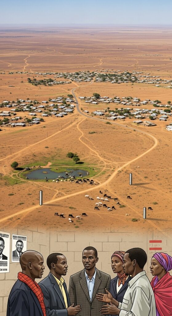 A symbolic aerial view of Mandera County’s dry borderland landscape where Kenya meets Ethiopia and Somalia, showing vast semi-arid terrain, scattered settlements, and winding roads. In the foreground, a group of diverse community members (men and women) are seen in dialogue, symbolizing peacebuilding and unity. Subtle elements such as election posters on a wall, livestock grazing near a scarce water source, and faintly marked boundary posts represent the key conflict drivers: politics, resources, ethnic identity, and borders. The overall tone should balance the challenges of conflict with hope for peace and cooperation.