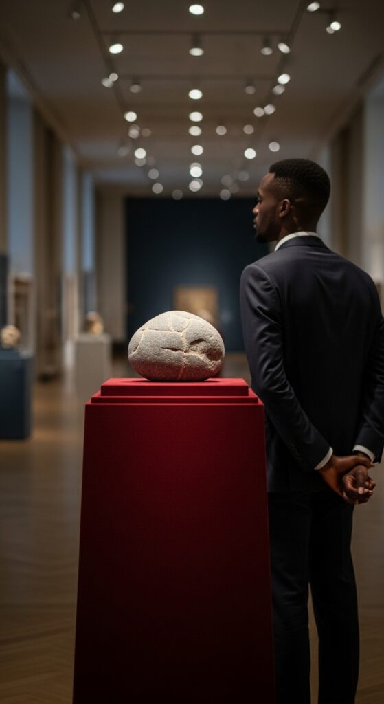 A photograph from an art museum perspective, featuring the same grey stone, now dramatically spotlighted on a velvet pedestal, viewed by a sophisticated, contemplative man in a suit.