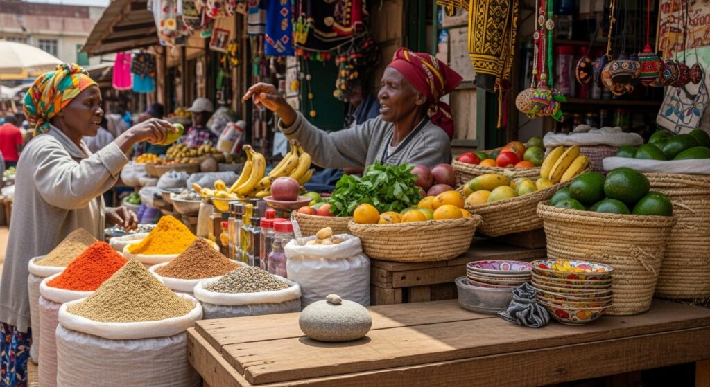 A Picture showing a simple, grey stone appearing small and insignificant in a bustling, cluttered market stall, surrounded by common goods and an old woman haggling. Scene Kenyan Market