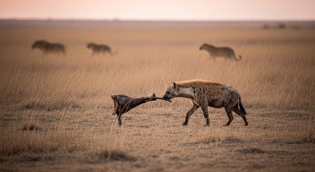 A dramatic scene set in the African wilderness at sunset. A lone hyena drags a single buffalo leg across dry savannah grass. In the background, distant lions and leopards fade into the horizon, symbolizing power and pride, while the hyena, though underestimated, walks forward with determination. The mood is gritty yet inspiring, representing resilience, persistence, and the lesson that survival belongs to the relentless, not just the strongest.