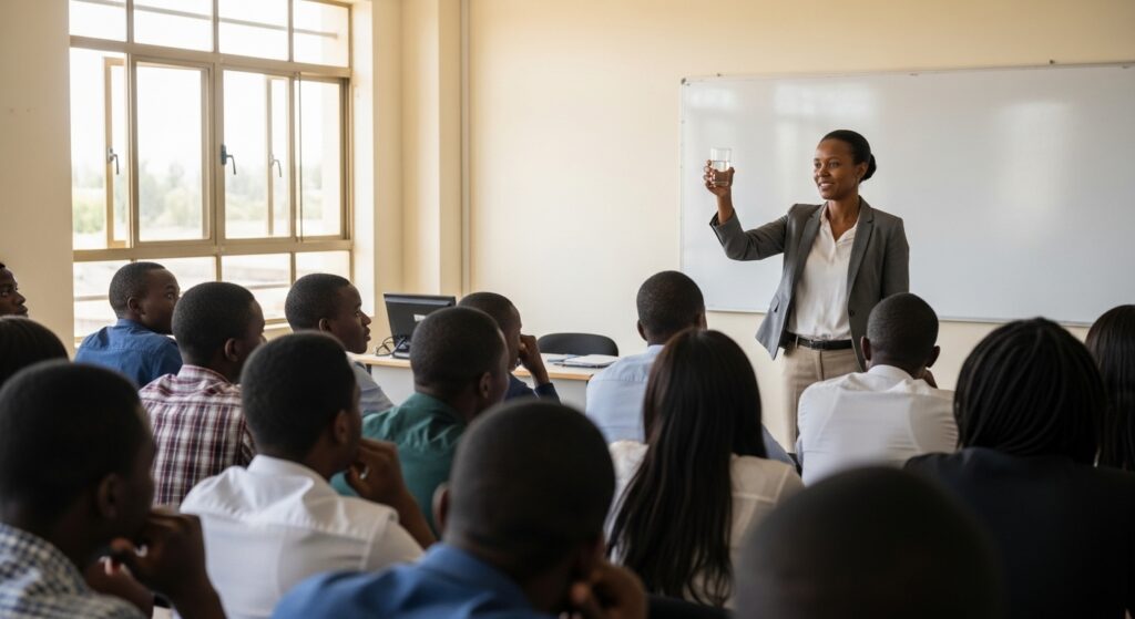 A university professor standing in front of students, holding up a glass of water in silence, with curious students watching.