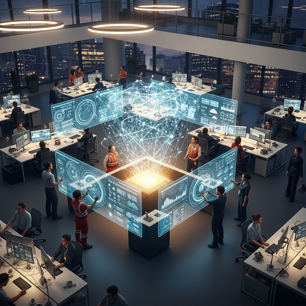 An aerial shot of a bustling humanitarian hub, where aid workers, represented by diverse figures, are collaborating around a central, glowing data visualization showing the flow of resources. The scene should be modern and slightly futuristic, with sleek screens and holographic maps. The overall mood is one of organized chaos and hopeful progress.