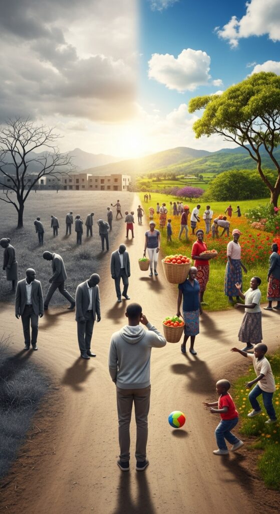 A metaphorical image showing a person standing at a crossroads. One path leads to a dreary, grey, uninspired environment with faceless figures, while another path leads to a bright, colorful, vibrant landscape where people are actively engaging and supporting each other.