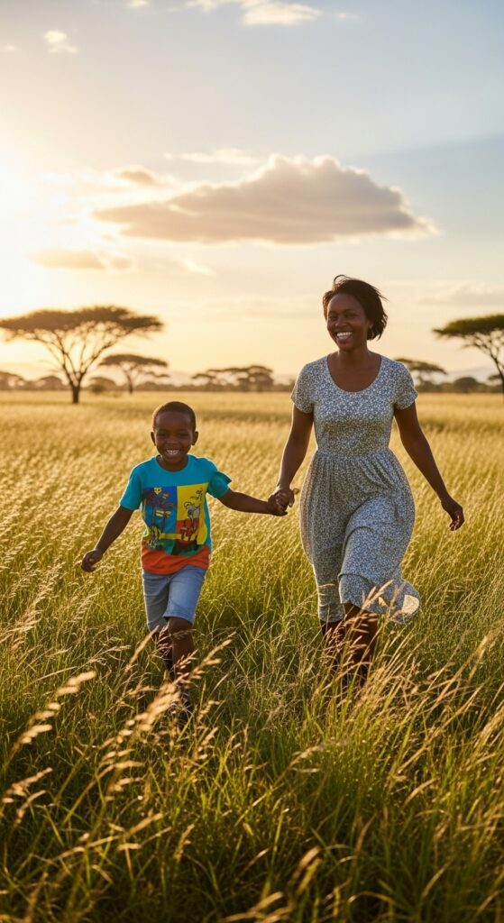 A healthy young boy running joyfully with his mother in a sunny Kenyan field, symbolizing healing and hope.