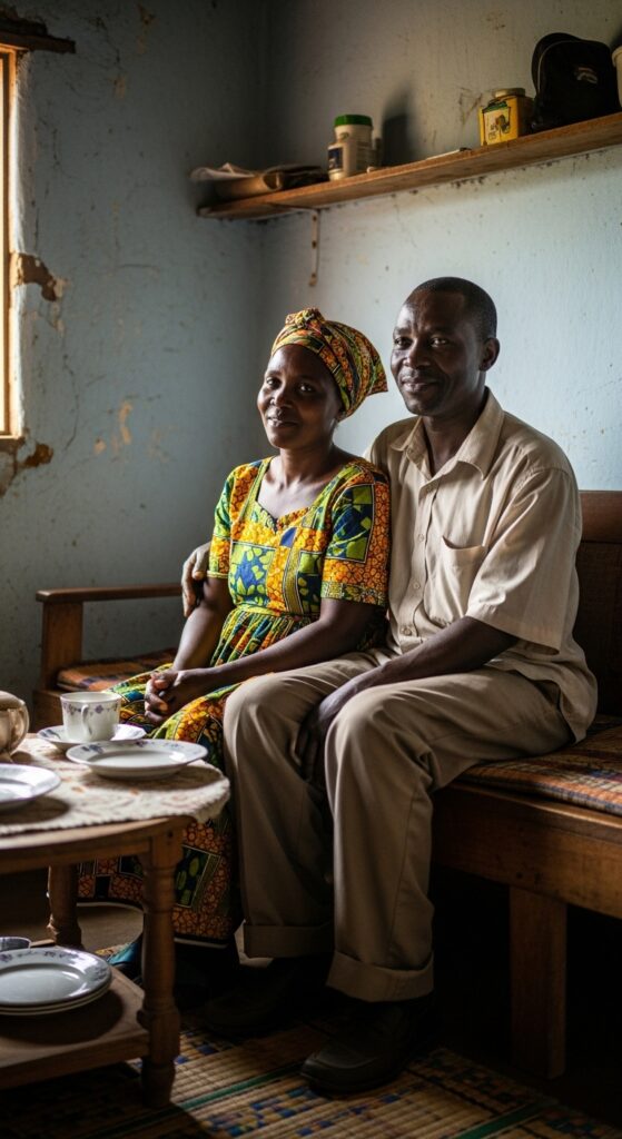 A humble Kenyan couple at home, sitting together in peace, the wife portrayed with warmth and dignity.