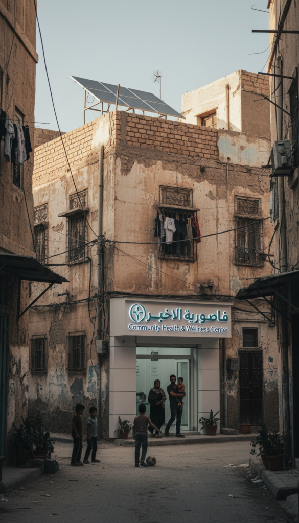 An atmospheric, high-contrast photograph of a resilient urban street in a Middle Eastern city (like Gaza or Sana'a). Instead of focusing on destruction, focus on "life continuing"—a solar panel on a weathered roof, or a local community health center with a clean, modern sign. The lighting should be soft and natural. Photorealistic, documentary photography style, evoking strength and endurance rather than pity.