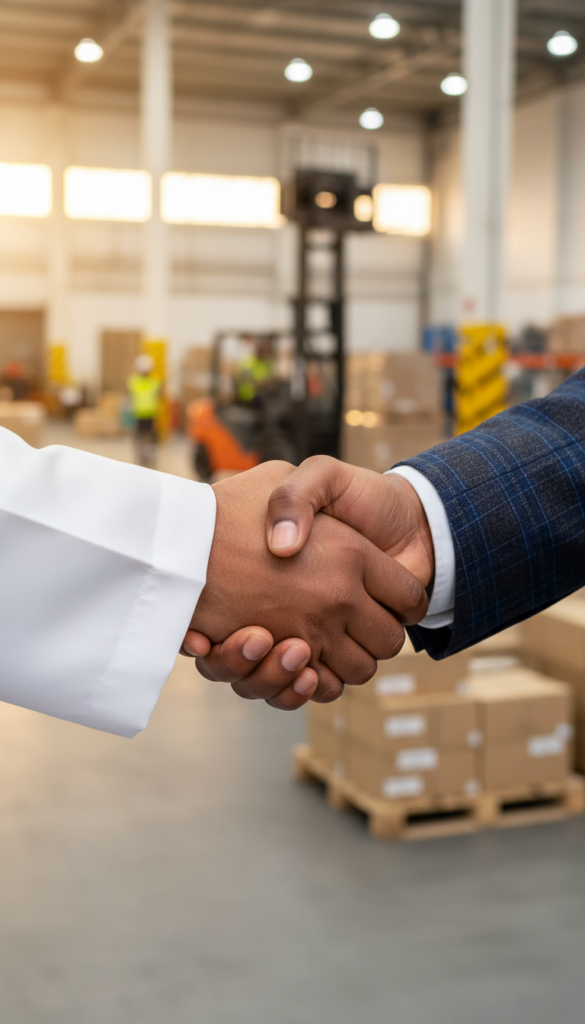 A close-up, shallow depth-of-field shot of two hands clasped in a firm, professional handshake. One hand belongs to someone in professional business attire, the other to someone in local traditional Middle Eastern dress. In the background, out of focus, is a bustling, organized logistics center. Focus on the texture of the skin and the symbolism of partnership. Warm, authentic lighting.
