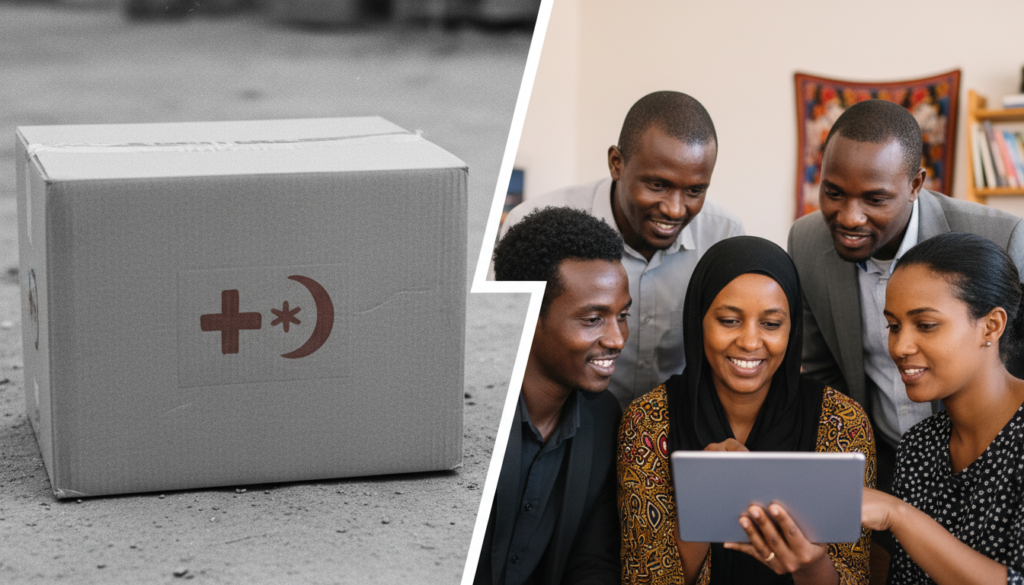 A split-screen conceptual image. Left side: A vintage, black-and-white grainy photo of a standard humanitarian supply box with a simple red cross/crescent. Right side: A vibrant, full-color close-up of a diverse group of local professionals looking at a digital tablet together in a community setting. The transition between the two is a sharp, modern geometric line. Minimalist, editorial style.
